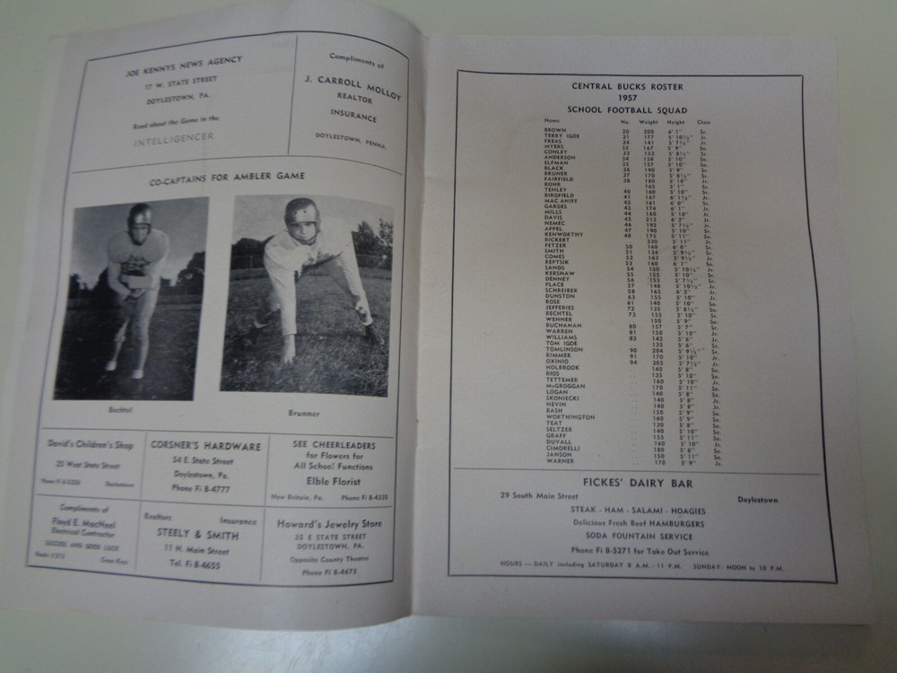 Upper Perkiomen vs Central Bucks High School Football Program 1957 Coca Cola Ad