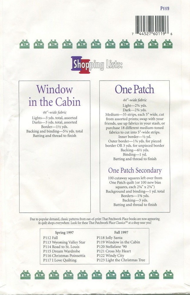 Window In the Cabin & One Patch Quilt Pattern That Patchwork Place Pattern P119
