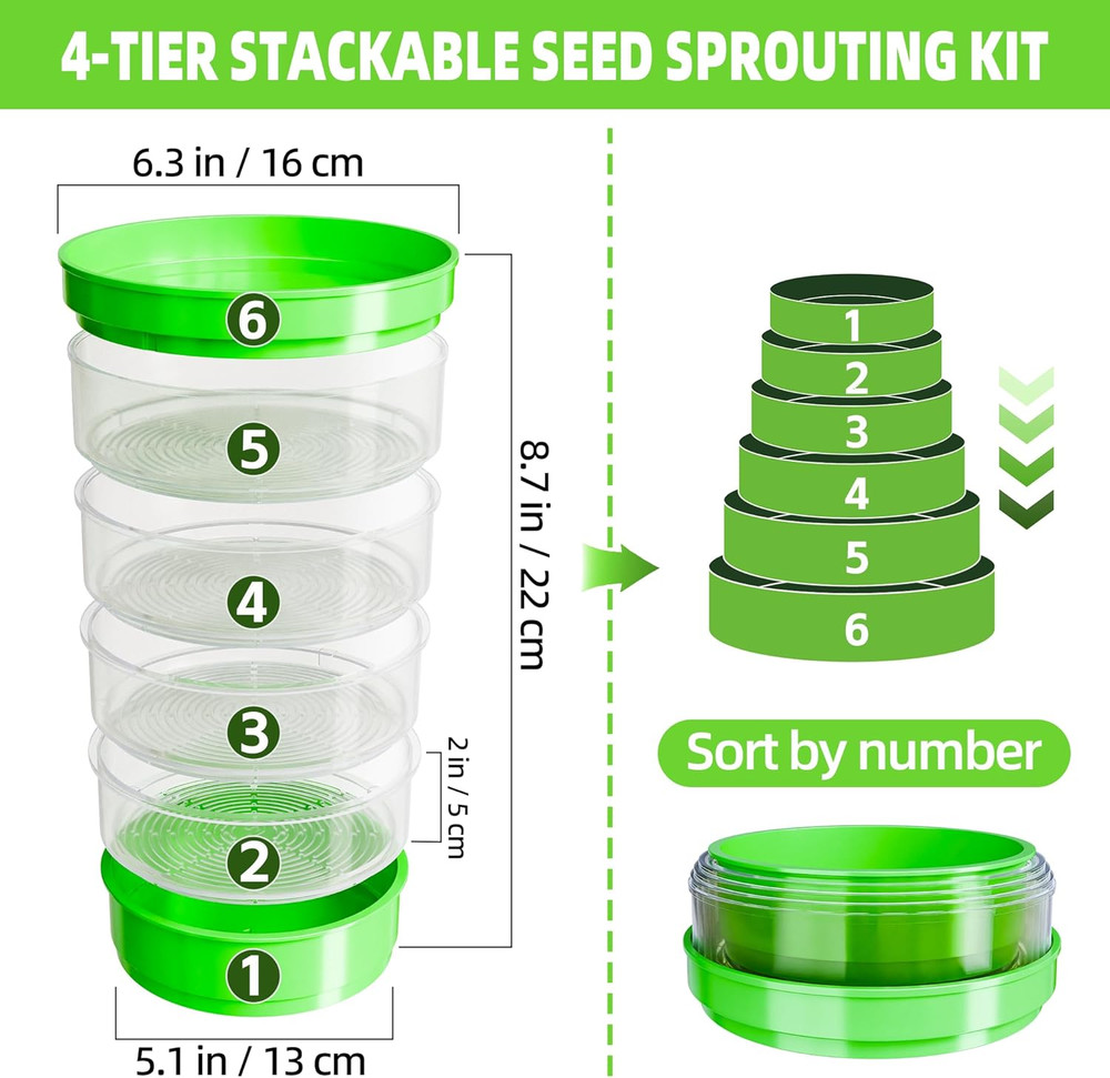 4-Tier Seed Sprouting Kit, Stackable Microgreens Growing Kit with Drain Trays An