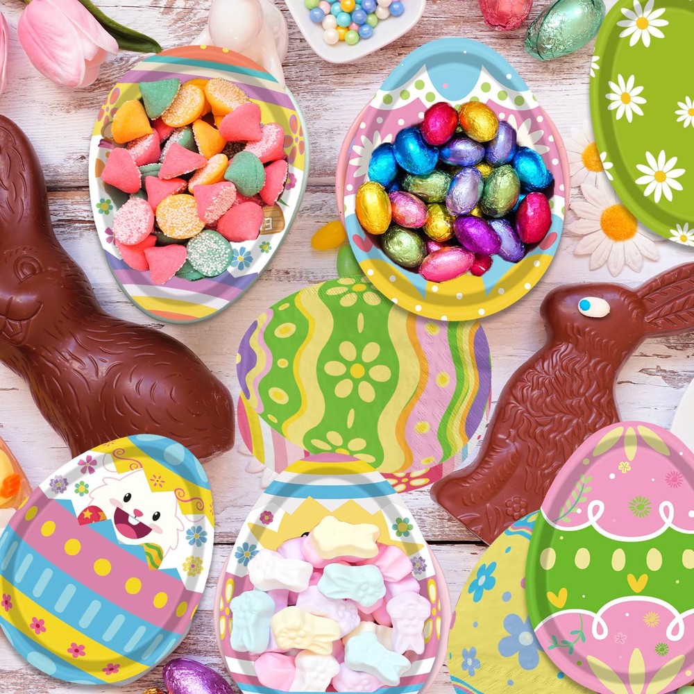 Easter Egg Tableware - 60 Pcs Bunny Egg Shaped Plates & Napkins Set for Happy E