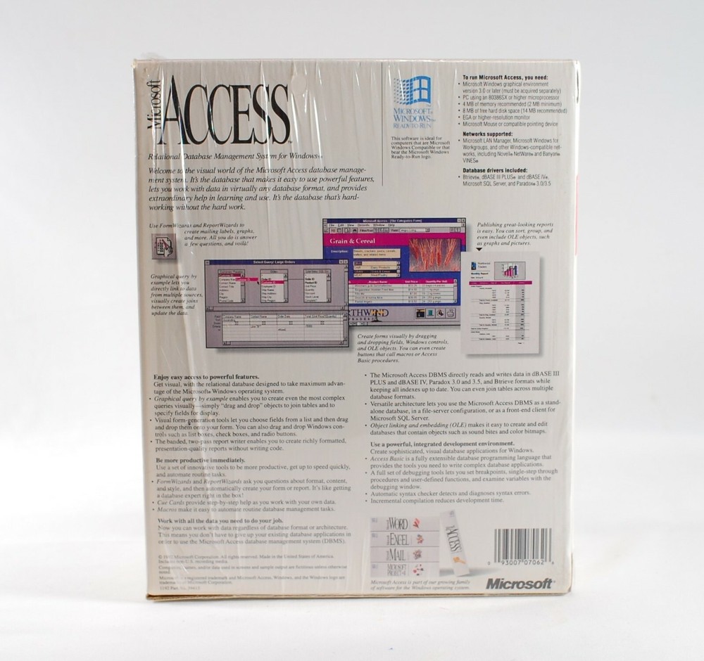 Vintage Microsoft Access v1.0 DBMS Software for Windows - Boxed with all disks
