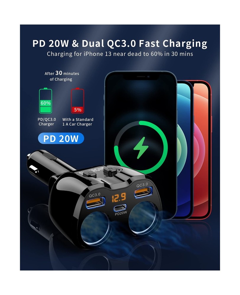 [2026 Upgraded] Cigarette Lighter Splitter, SUPERONE 180W 2-Socket Cigarette ...