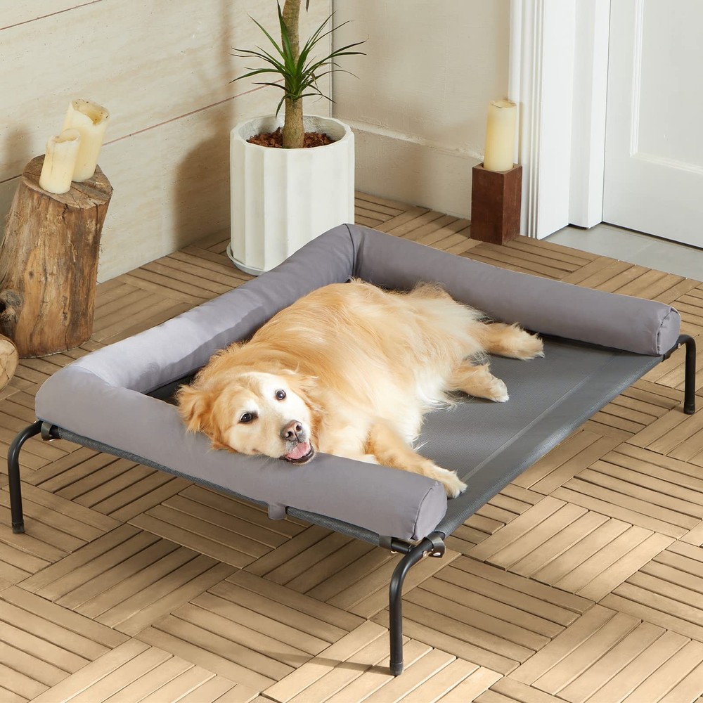 Cooling Elevated Dog Bed Large Waterproof Raised Cot Slope Headrest Grey