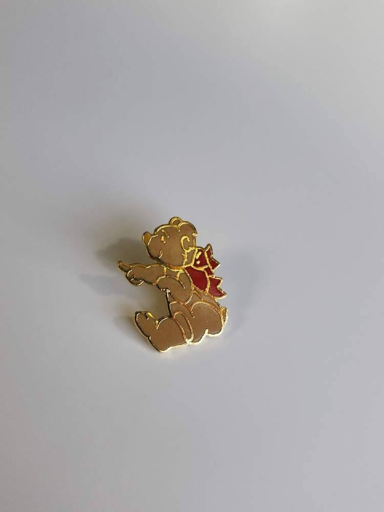 Teddy Bear Lapel Pin Red Ribbon