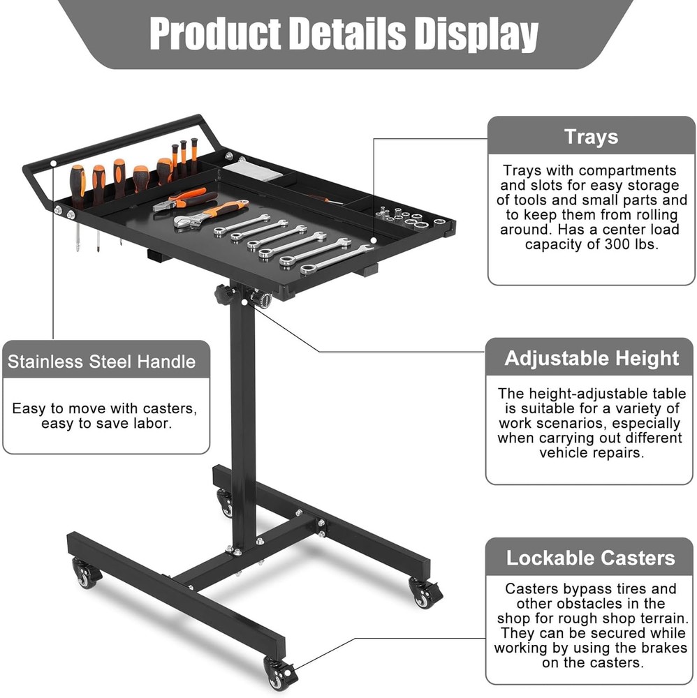 Heavy-Duty Mobile Workbench with Wheels,300Lbs Capacity, Rolling Tool Tray Table