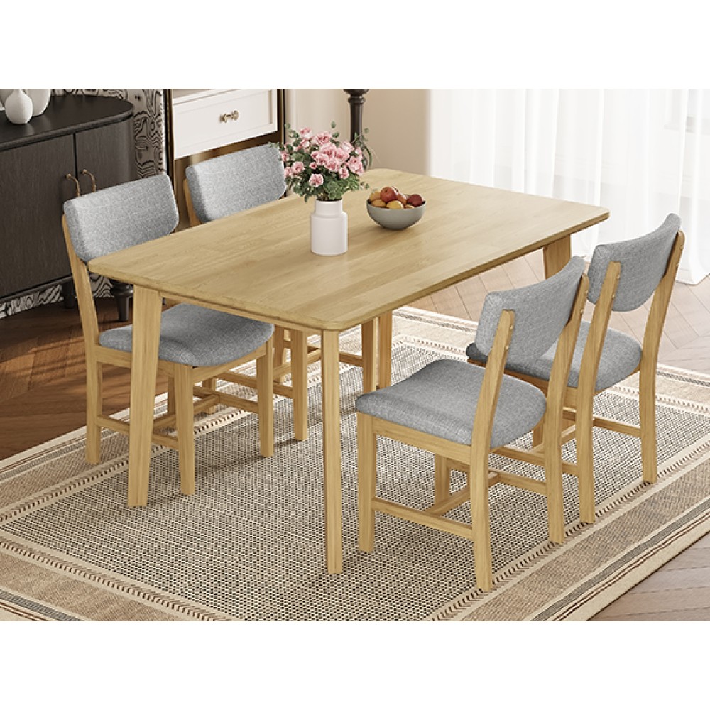 Rustic 5-Piece Dining Set - 1 Solid Wood Table + 4 Upholstered Chairs, Farmhouse