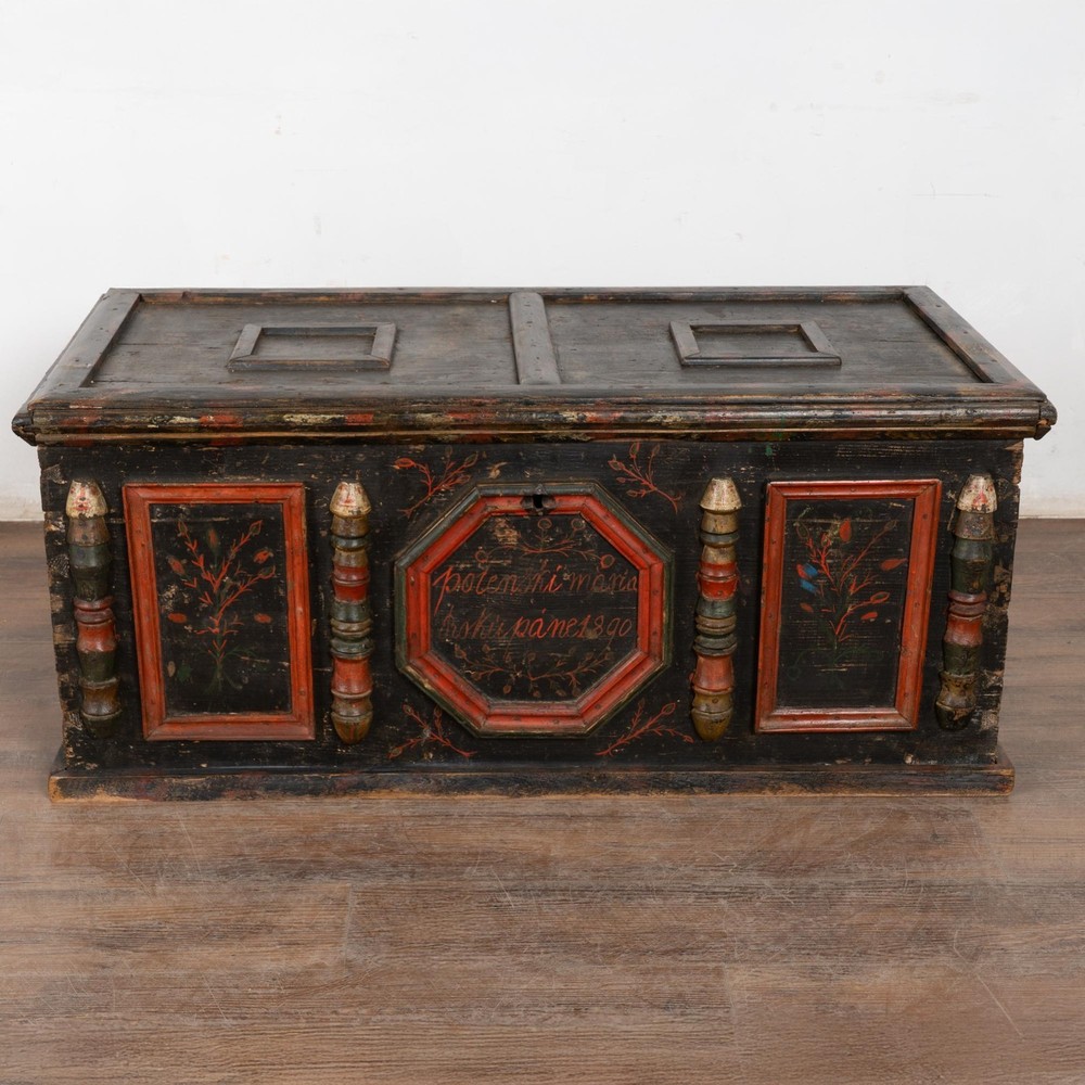Original Painted Hungarian Flat-Top Trunk, Dated 1890