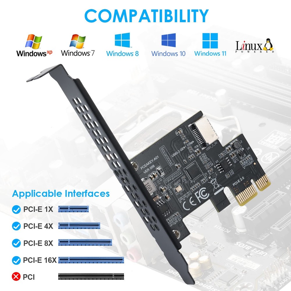PCI-E 1X to USB 3.2 GEN1 5Gbps Type-E A-Key Expansion CardFront Panel Type-C ...