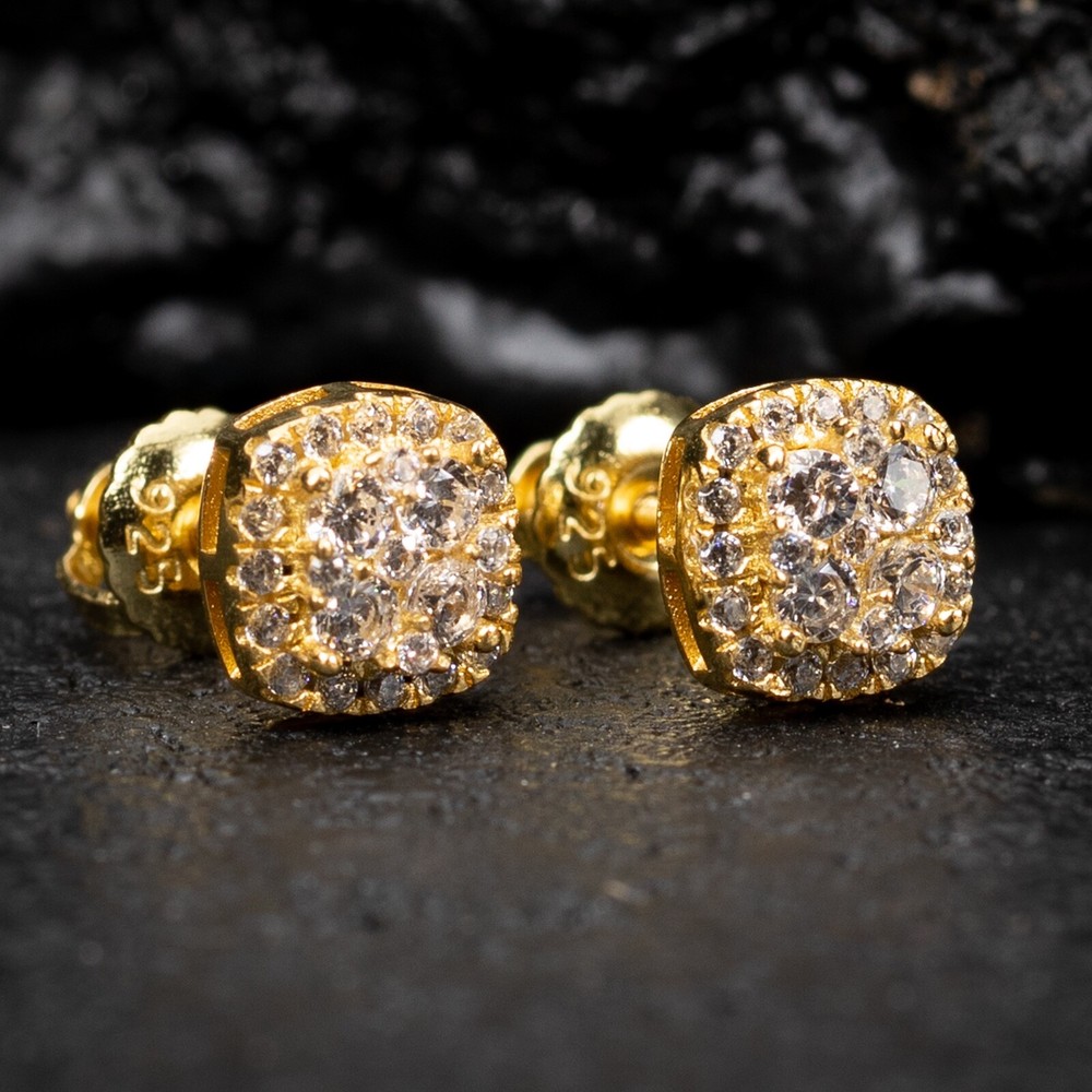 Yellow Gold 925 Sterling Silver Small 3D Cube Square Cluster Stud Earrings