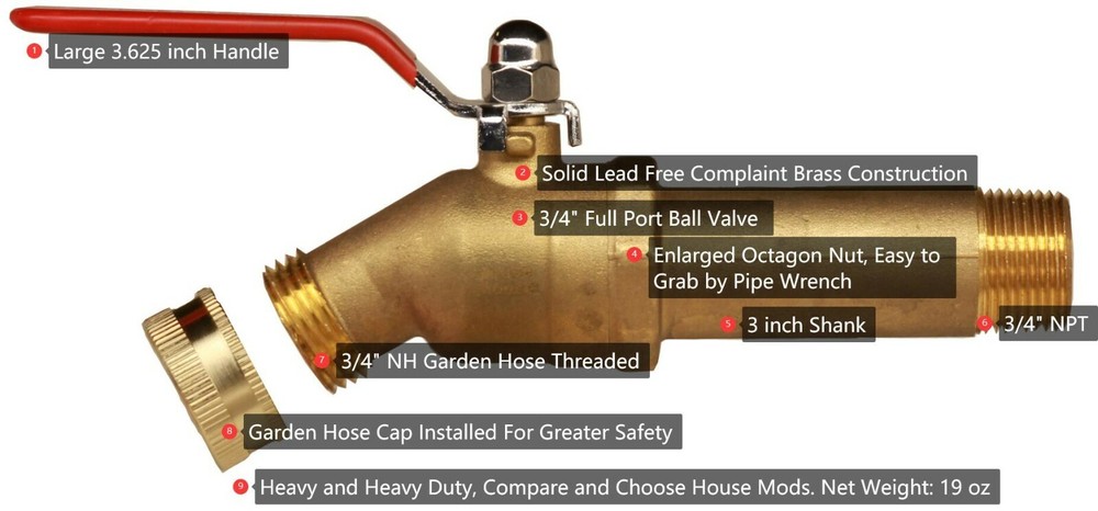 HMP011-R Brass 3/4" Water Heater Drain Valve(Full Port,3 inch Shank House Mods