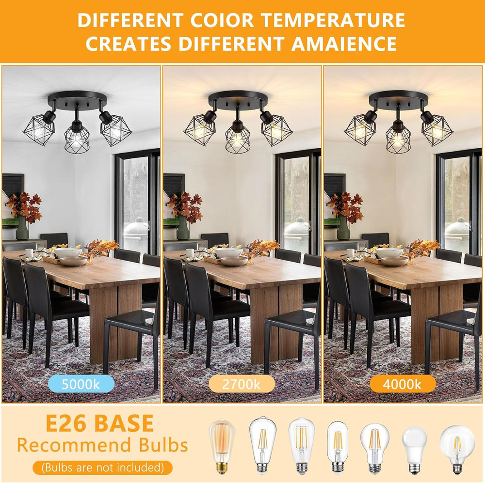 3-Light Kitchen Flush Mount Ceiling Light, Adjustable Multi-Directional Ceili...