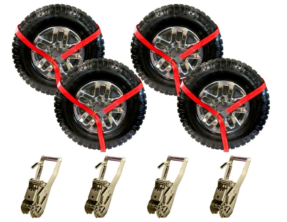 Red 8' Lasso Strap Reinforced Eyes 2" Finger Hook Ratchet Tie Down (4 Pack)