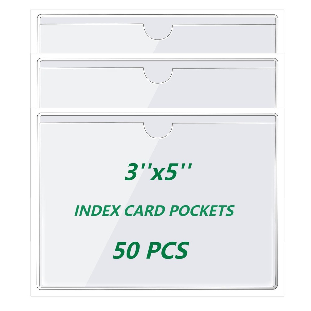 Clear Adhesive Index Card Pockets 50 Pack, PVC Holders | Easy Top Open Loading