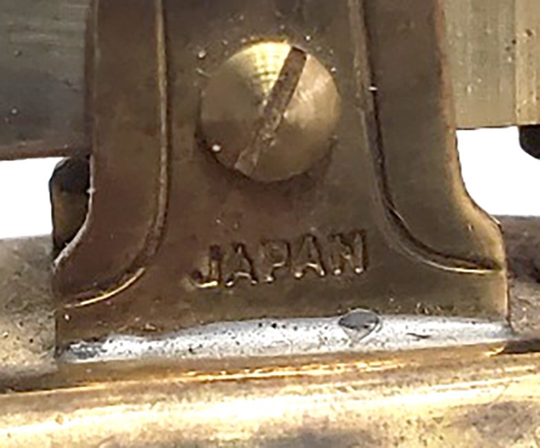 Vintage MCM Japan brass table lighter insert 1.5” refillable with wood base