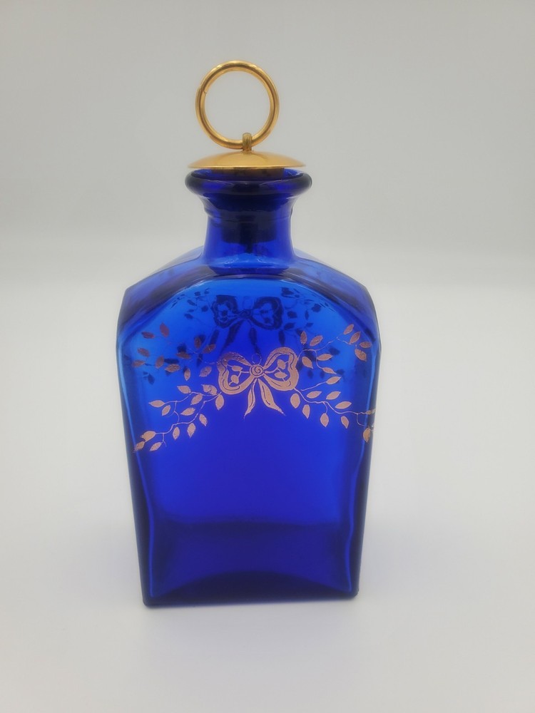 Blue Bow Leaf Design Cobalt Blue Empty Bottle With Gold Cork Top