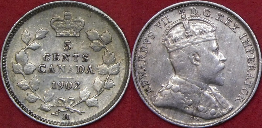 Very Fine 1902 Canada Large H Silver 5 Cents