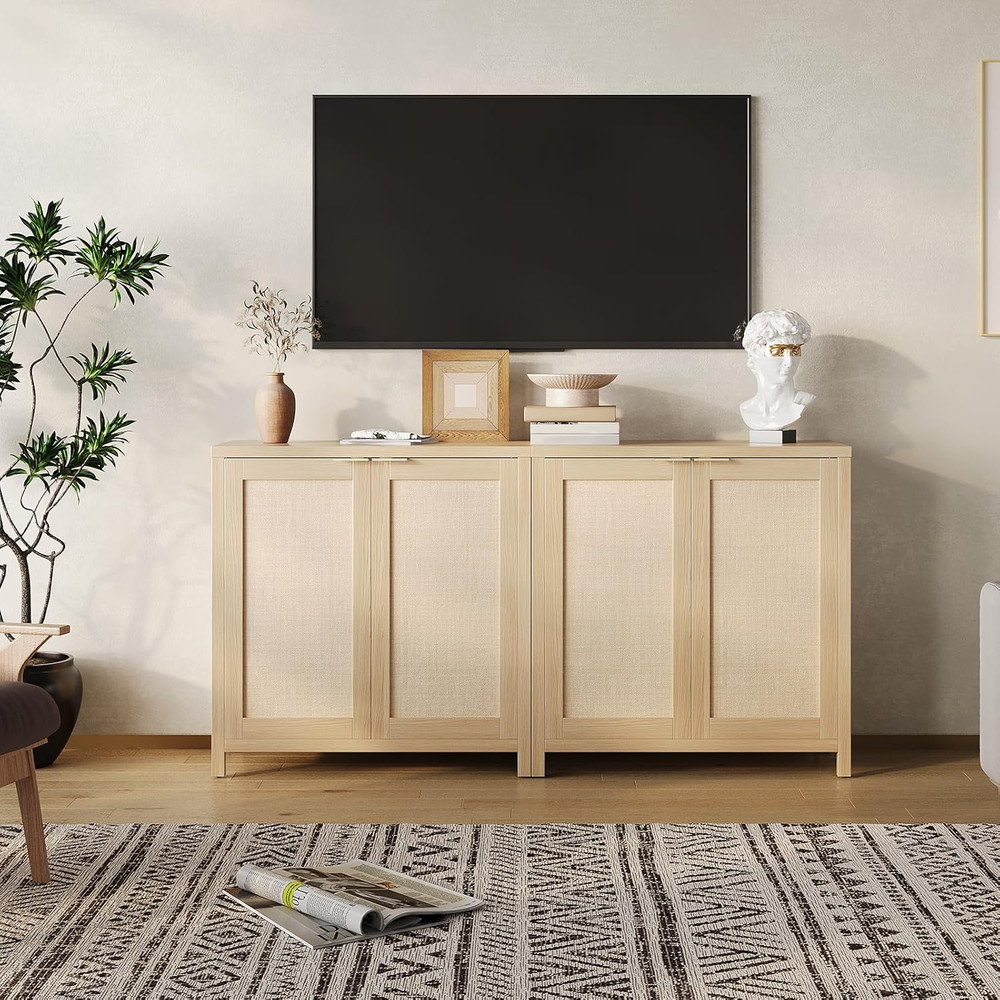 Boho Rattan Sideboard Buffet Cabinet with Adjustable Shelves, Natural Finish