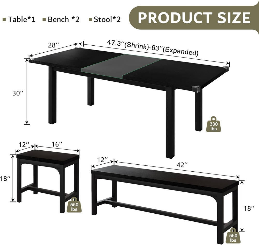 Ipormis 5-Piece Dining Table Set for 4-8 People, Extendable Kitchen Table Set wi