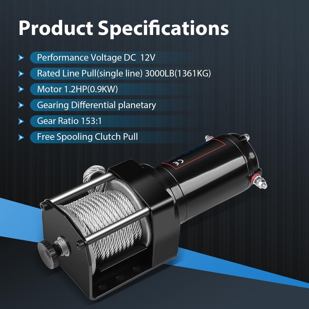 3000LBS Electric Winch 12V Steel Cable Wireless Remote Control Box