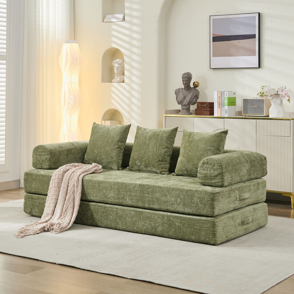 Multi-Functional Floor Sofa Convertible Folding Chenille Bed Sofa Couch Green