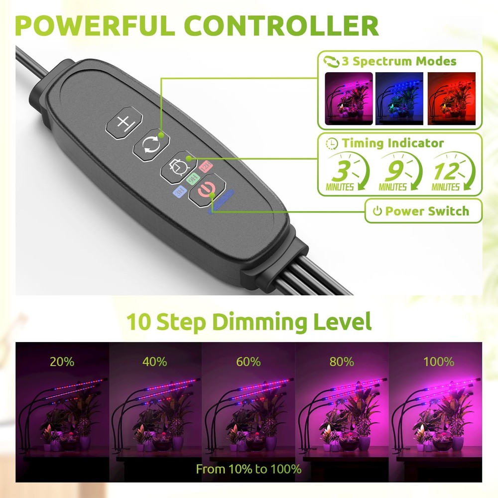 2-Head Clip On LED Grow Light Full Spectrum Timer Dimmable for Indoor (2Pack)