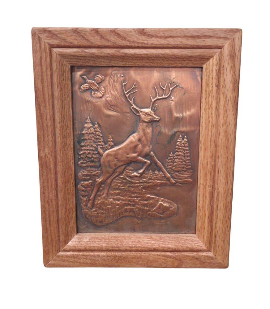 Framed Embossed Copper Deer Plaque 10 X 8