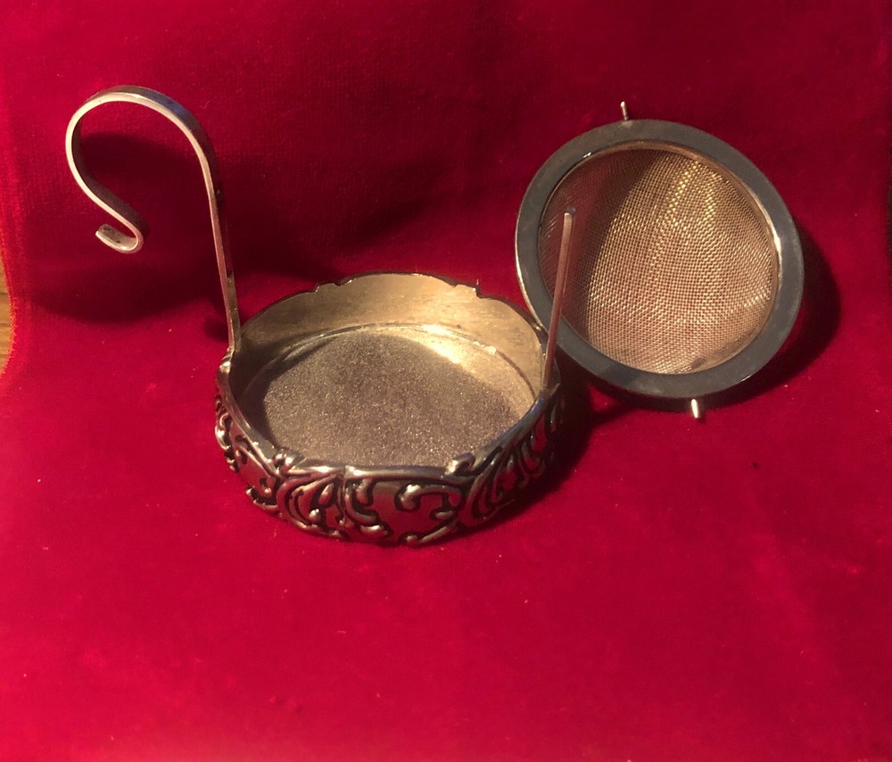 TEA BALL ACORN SHAPE AND TEA STRAINER SILVER PLATE