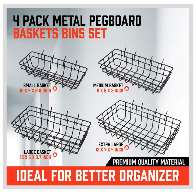 Peg Board Bins and Baskets 4 Pack Square Style 4 Size Pegboard Baskets and Bins