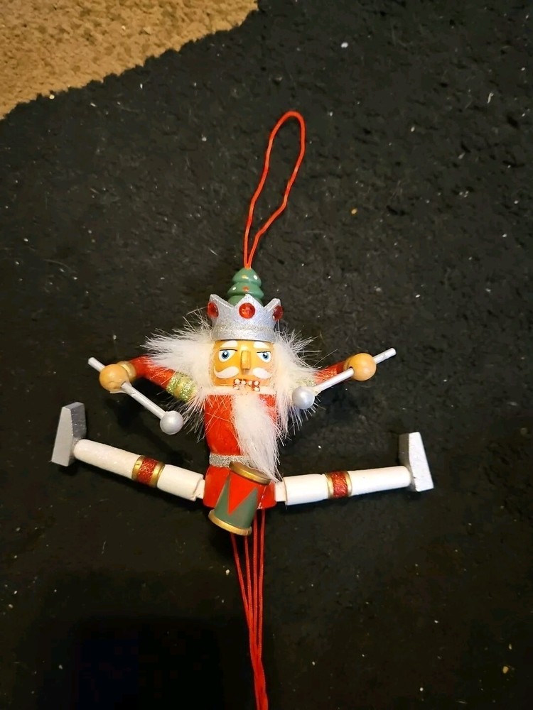Wooden Pull String Puppet Nutcracker Christmas Ornament 6"