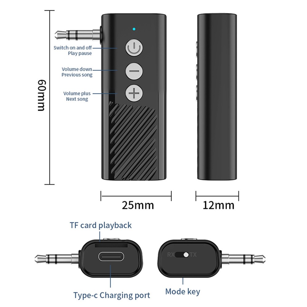 3-in-1 Wireless Bluetooth 5.3 Transmitter Receiver Adapter Audio Black ABS