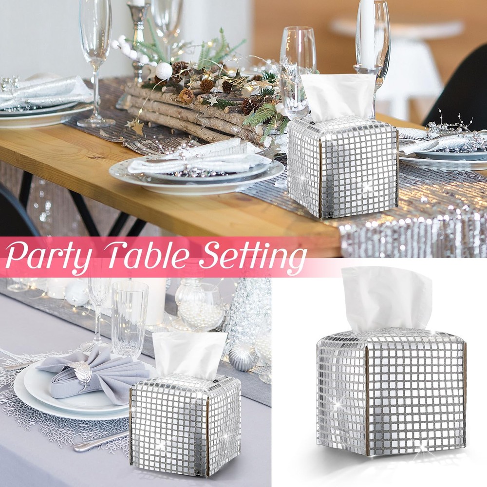 Disco Ball Tissue Box Cover Glitter Silver Square Rectangular Bling Paper Hol...
