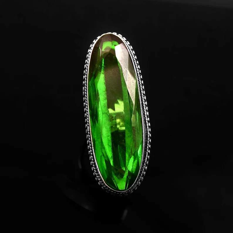 Solid 925 Sterling Silver Peridot Long Green Gemstone Statement Handmade Ring