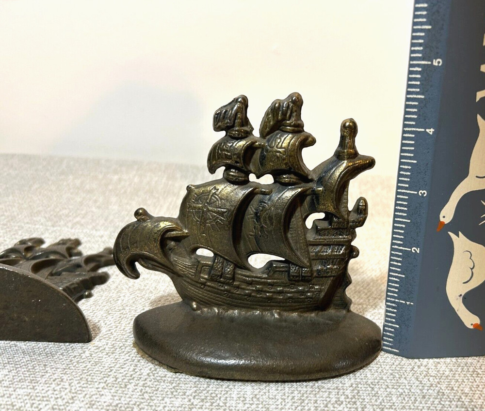 Vintage Solid Brass Pair of Ship Spanish Galleon Bookends