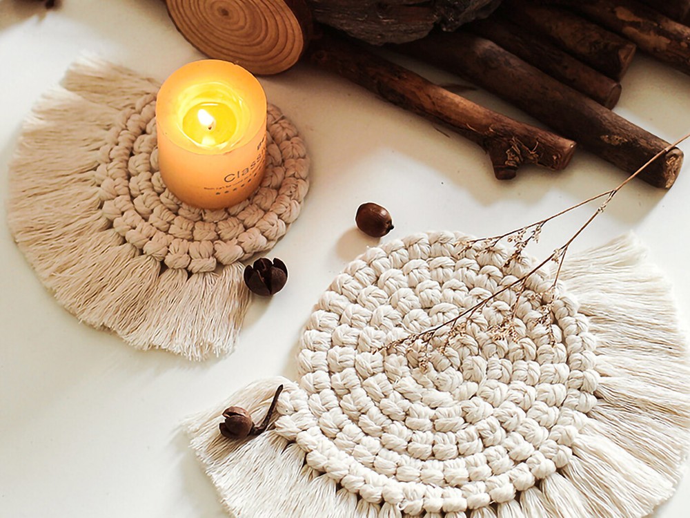 2PCS Solid Tassel Knitted Weave Table Cotton Candle Coffee Cup Mat Coaster