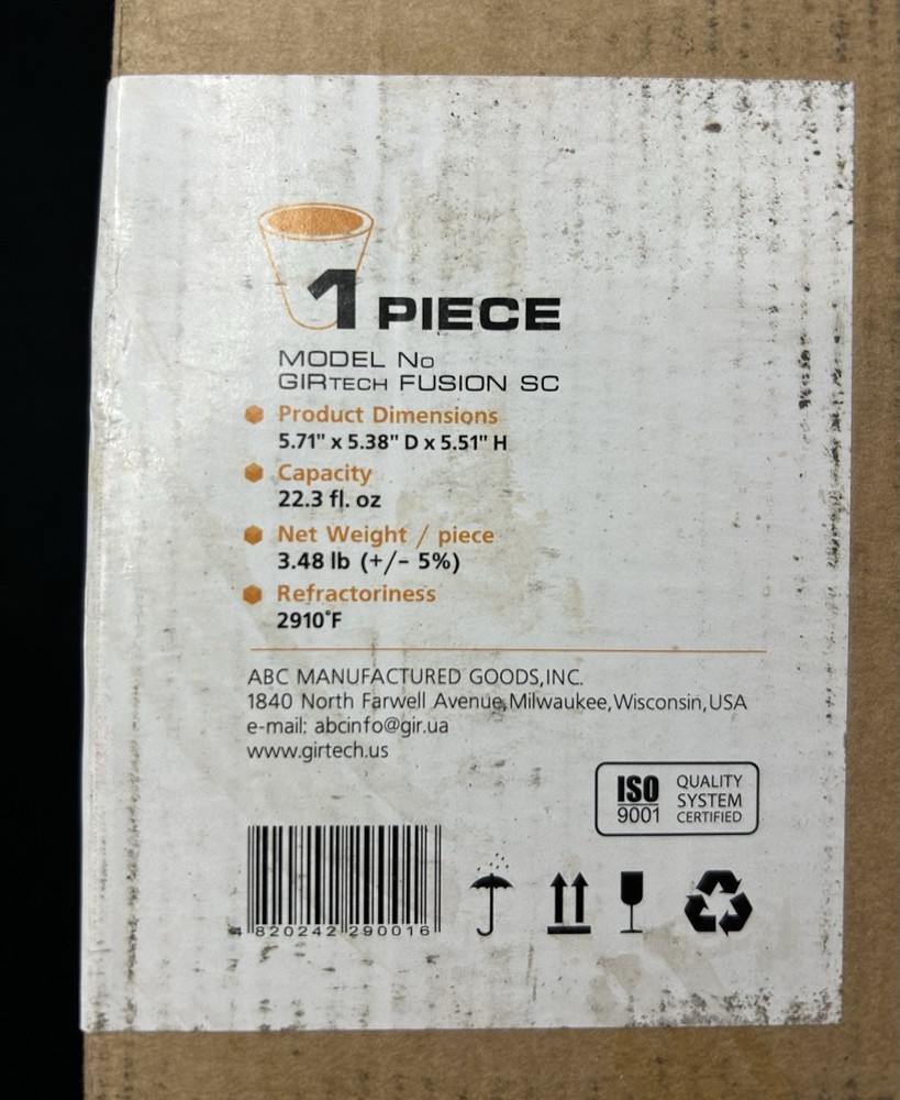 Fusion SC Foundry Crucible. GIRtech. Graphite Crucible. 5.51” X 5.71”.