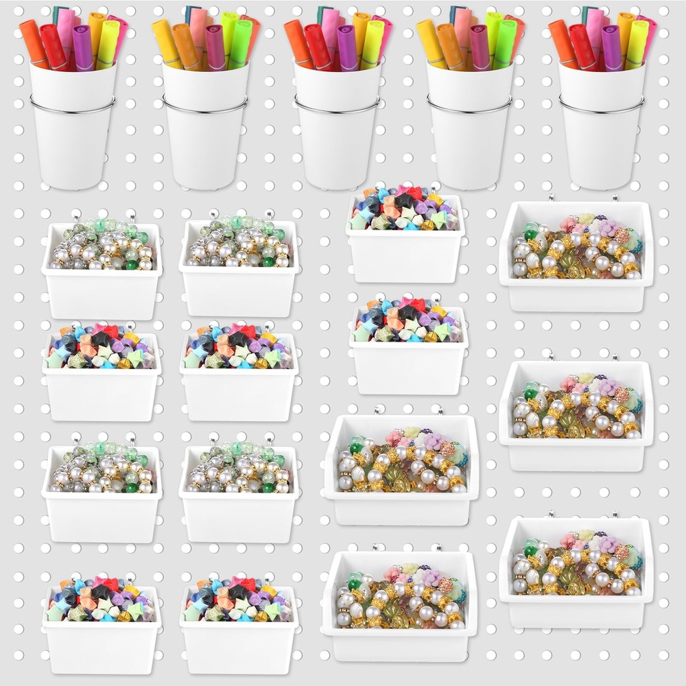 20 Pcs Pegboard Bins and Cups with Hooks and Loops, Peg Board Hooks Assortmen...