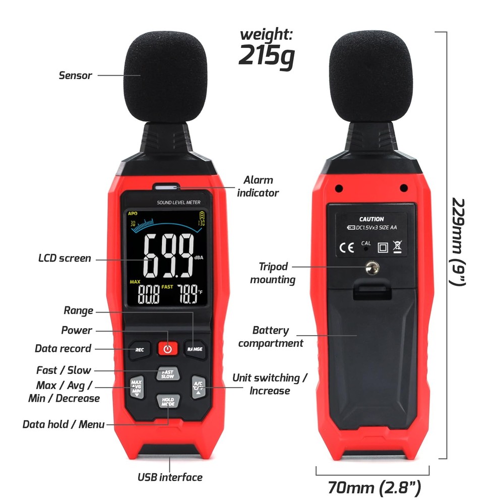 Sound Level Meter Data Logger Decibel Meter with Record Function, Portable No...