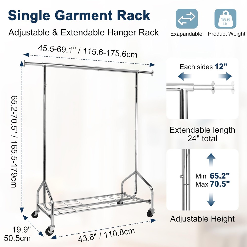 Whitmor Heavy Duty Clothes Rack, Rolling Garment Rack with Lockable Wheels, Adju