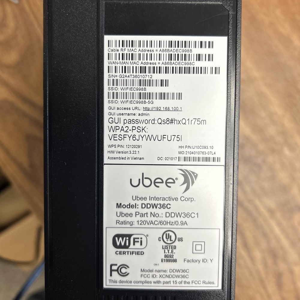 Ubee DDW36C Wireless Cable Modem Router Gateway