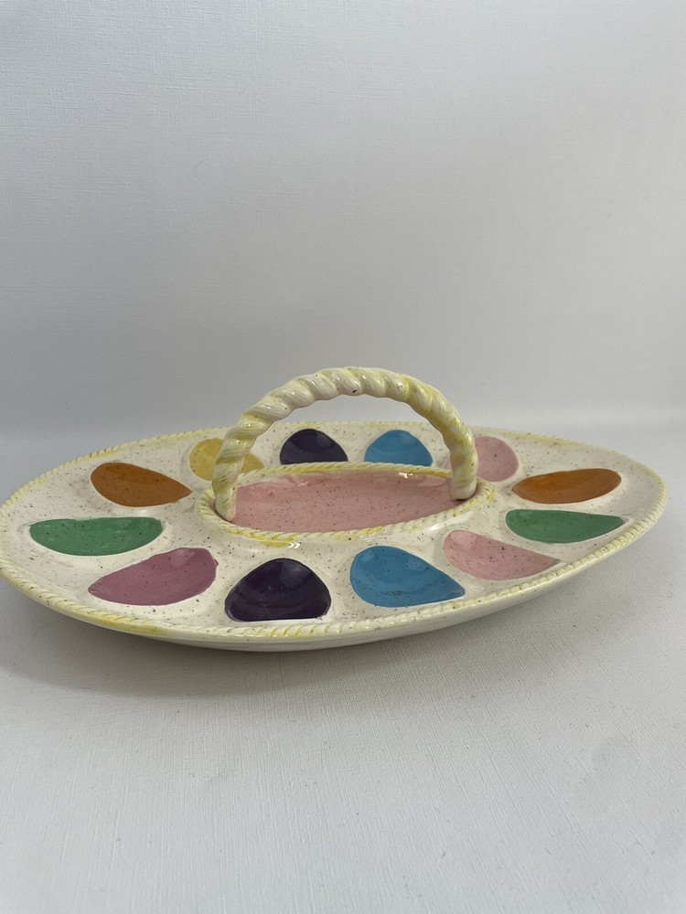 VTG Atlanic Mold Pastel Deviled Egg Platter Tray Dish w/Handle 14×10 Easter