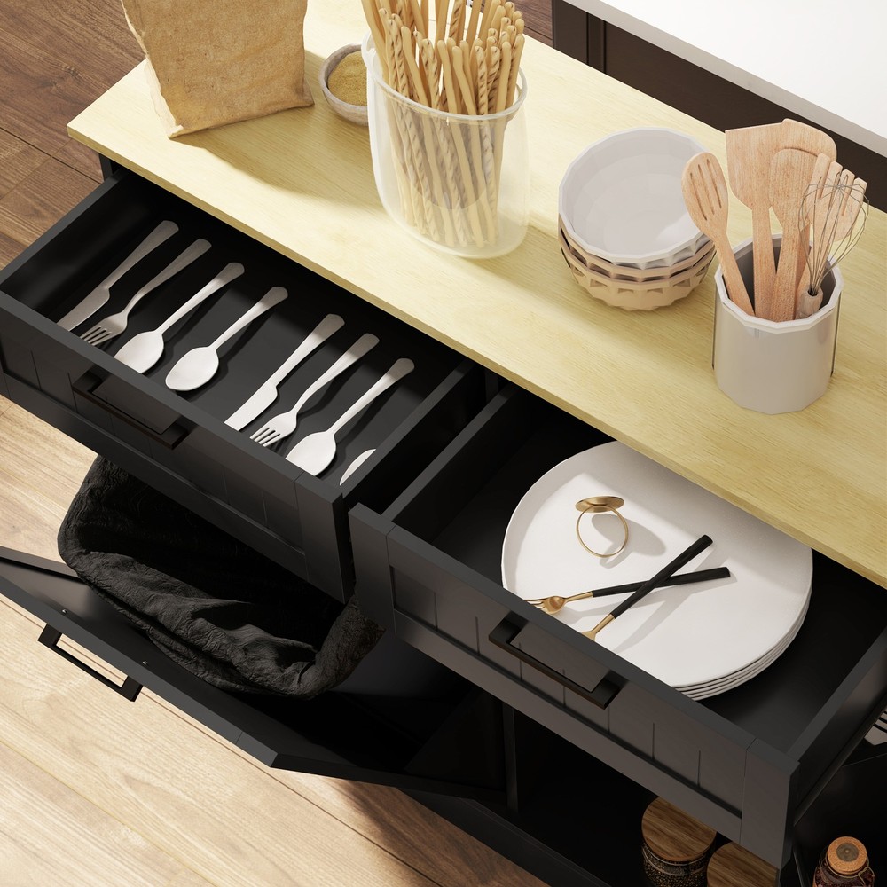Kitchen Island with Trash Can Storage and Drawers, Black