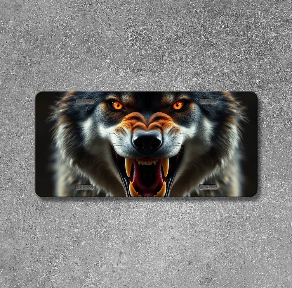 Realistic Wolf License Plate with Sharp Teeth Your Text Universal Fit Plate Holi