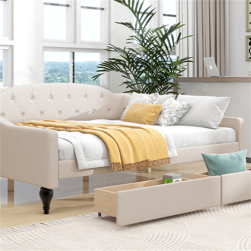 Full Size Daybed Upholstered Bed Frame Sofa Bed w/ 2 Storage Drawers Beige