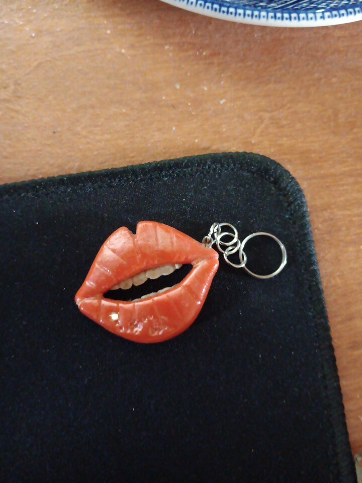 2 Lip Bite Mouth Charms Red Ceramic Keychain