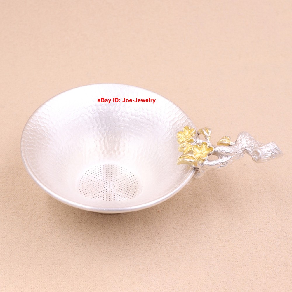 Solid 999 Fine Silver Tea Strainer Plum Blossom Handle Infuser for Leaf Tea