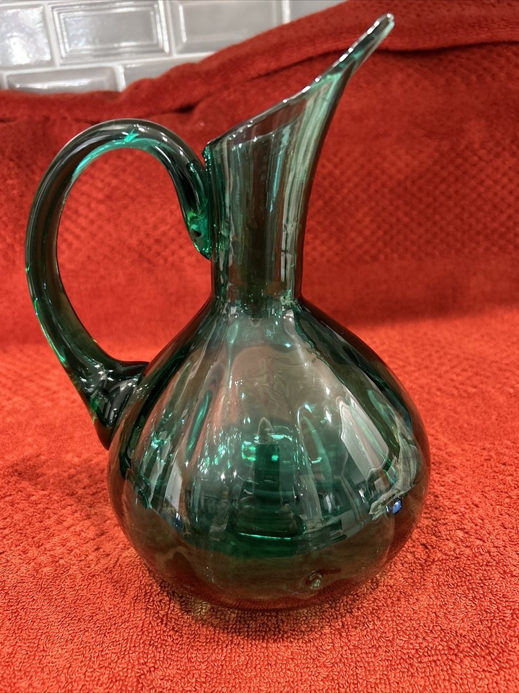 Studio art class pitcher applied handle bluish green