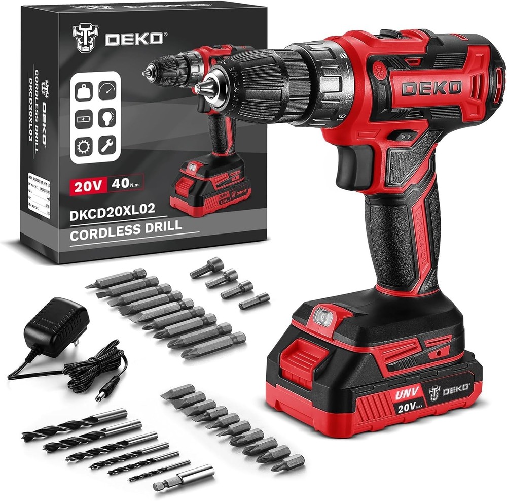 DEKO PRO 20V Electric Drill with Variable Speed & High Torque - Red Edition