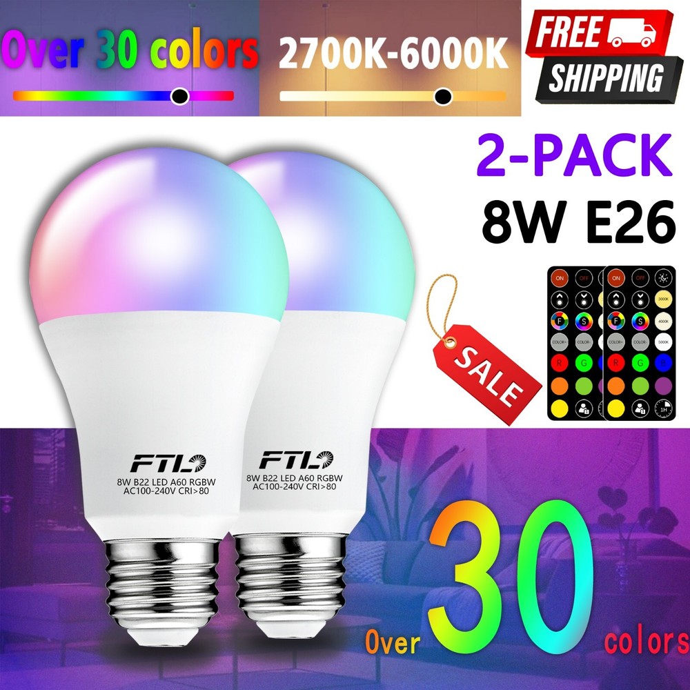FTL 2-Pack LED Color Changing Light Bulb with Remote Control 60W Equivalent RGB