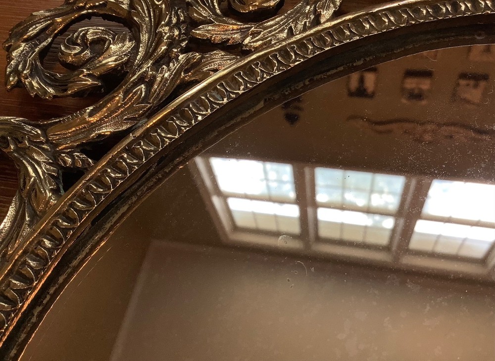 Ornate Victorian Solid Brass Oval Wall Mirror Bow & Laurel Rosettes 18” x 14.5”