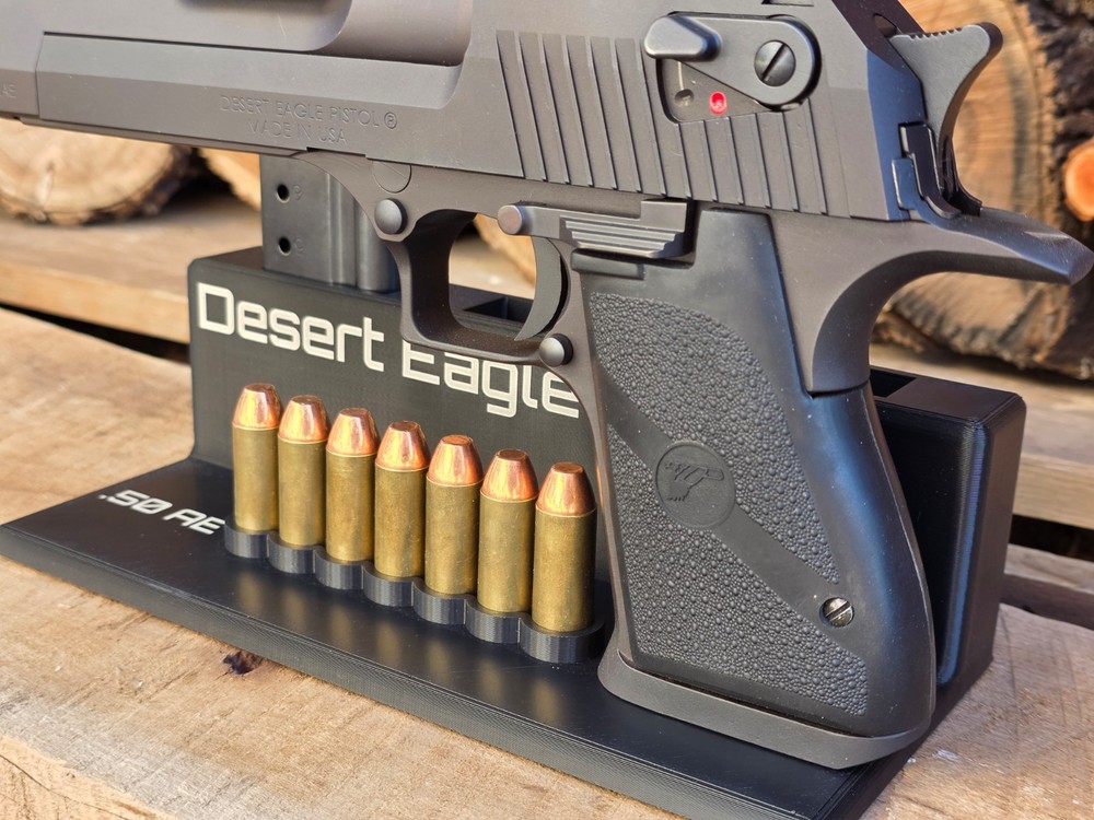 Desert Eagle 50 AE Pistol Display Stand - Holds 3 Mags - Laser Etched Text